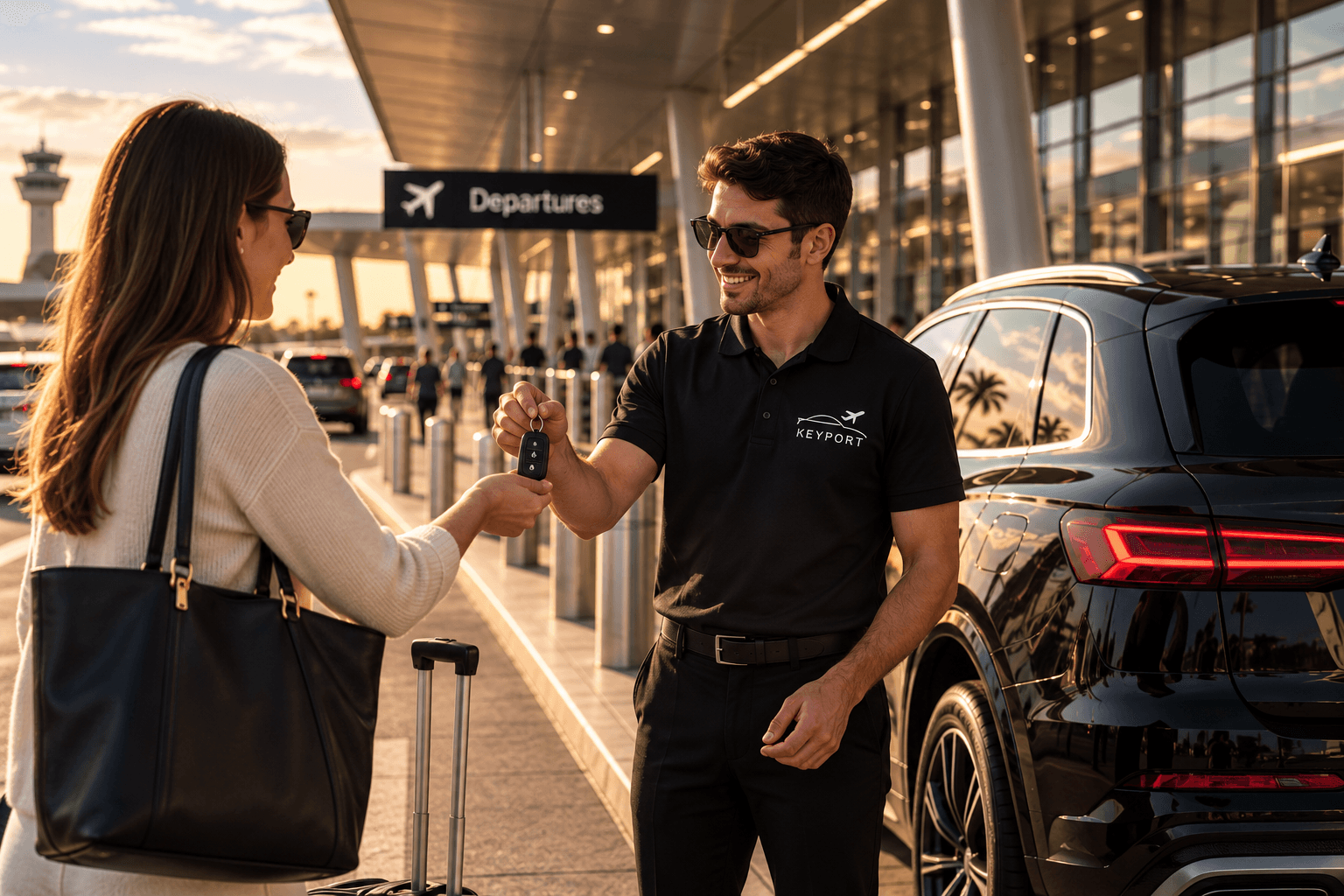 A customer handing their vehicle keys to KEYPORT at the airport meeting area